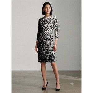 LAUREN RALPH LAUREN Black and White Abstract Dress With Ruched Side